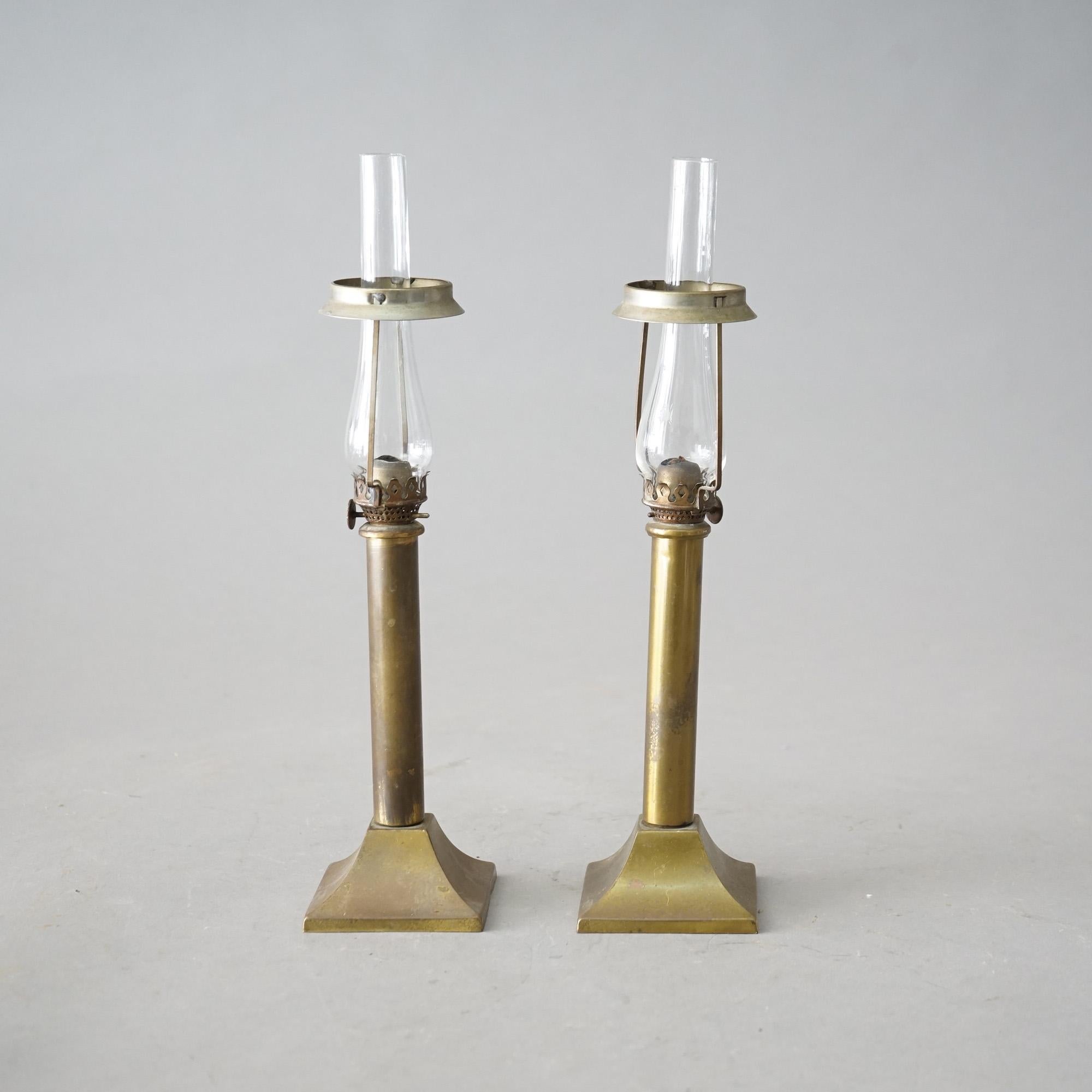 American Antique Pair Arts & Crafts Miniature Oil Lamps with Stamped Brass Shades C1900 For Sale