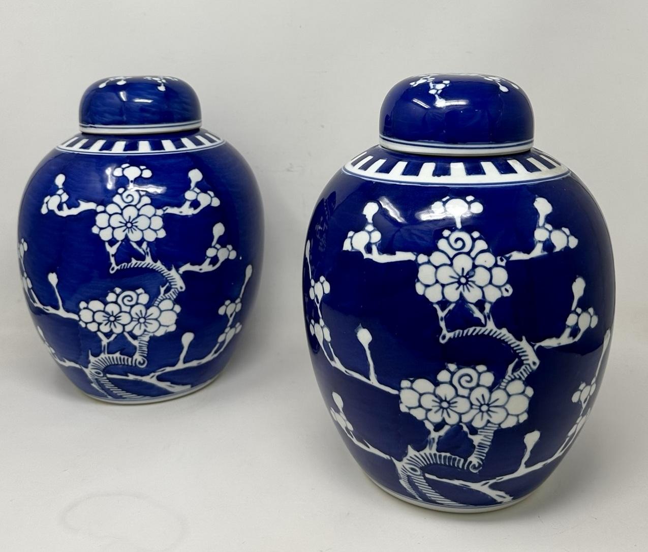 Qing Antique Pair Asian Chinese Export Blue White Porcelain Ginger Jars Mid Century 