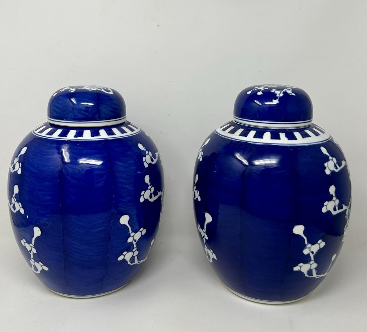 20th Century Antique Pair Asian Chinese Export Blue White Porcelain Ginger Jars Mid Century 