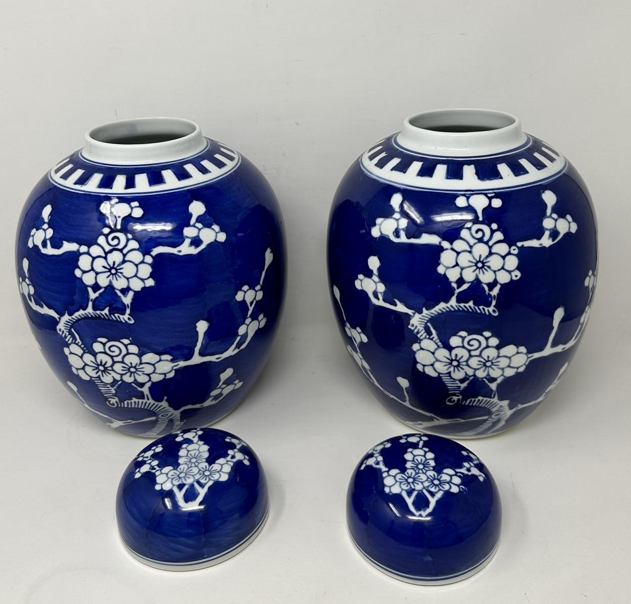 Antique Pair Asian Chinese Export Blue White Porcelain Ginger Jars Mid Century  1