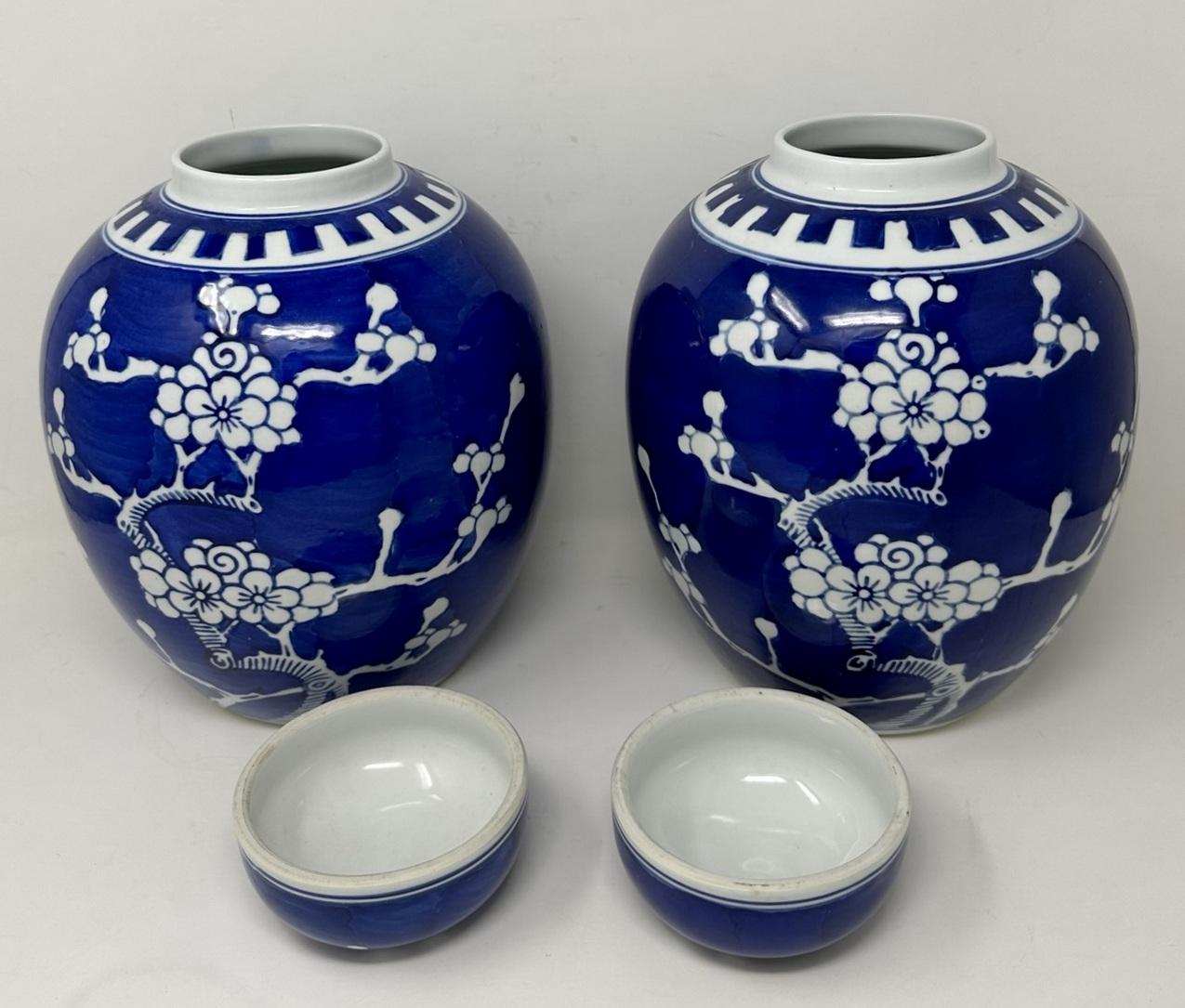 Antique Pair Asian Chinese Export Blue White Porcelain Ginger Jars Mid Century  2