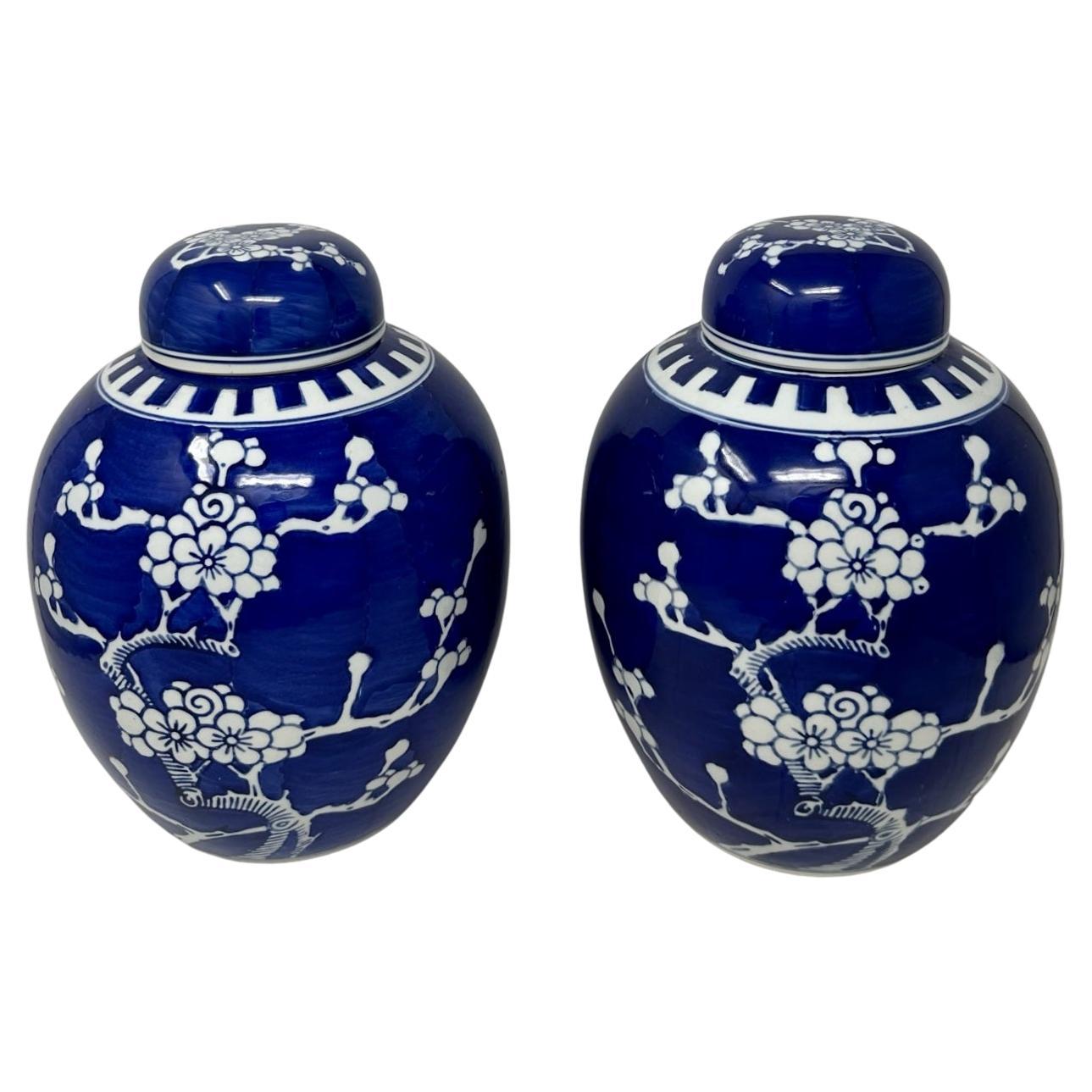 Antique Pair Asian Chinese Export Blue White Porcelain Ginger Jars Mid Century 