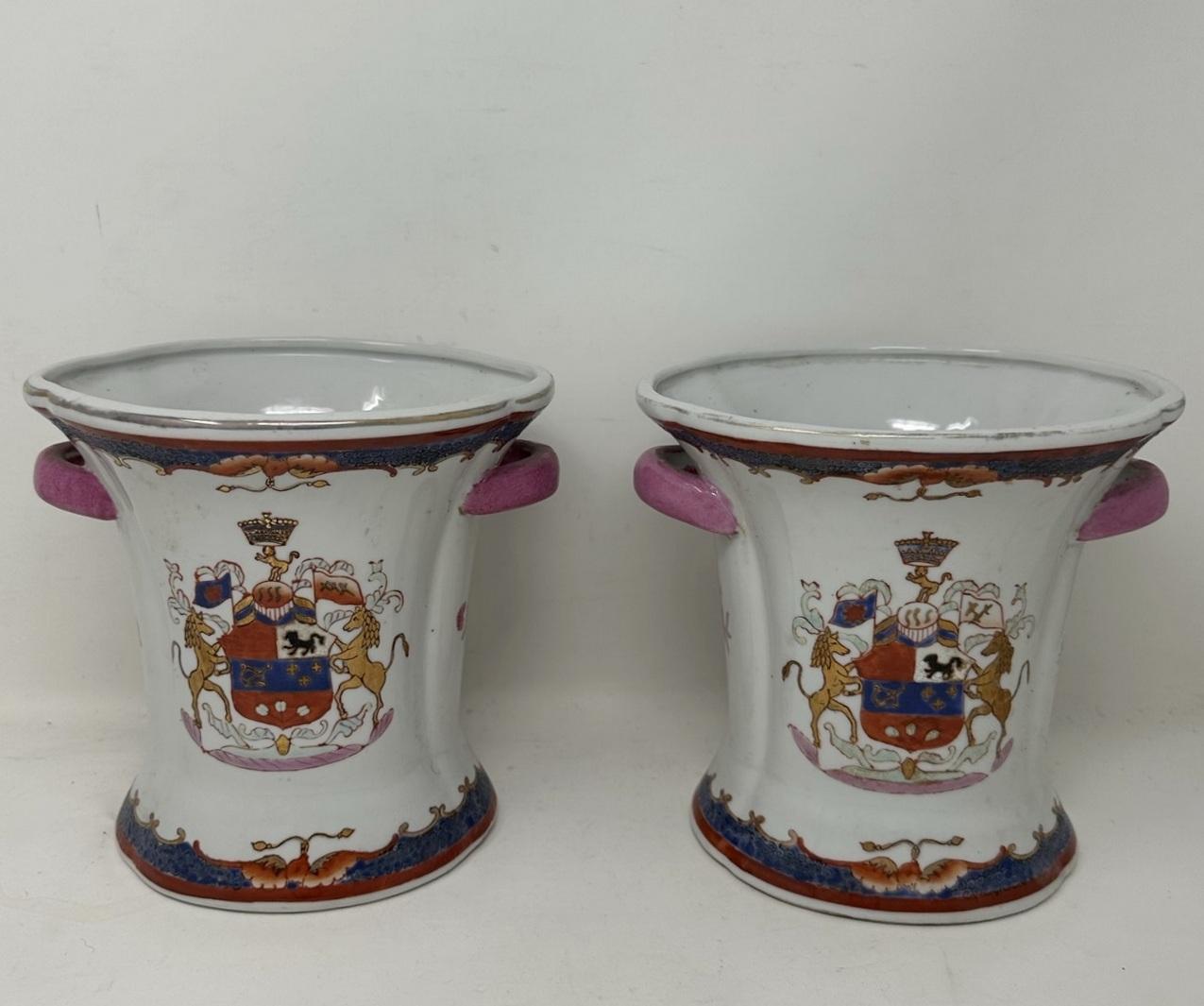 Qing Antique Pair Asian Chinese Export Republic Porcelain Armorial Crest Urns Vases 