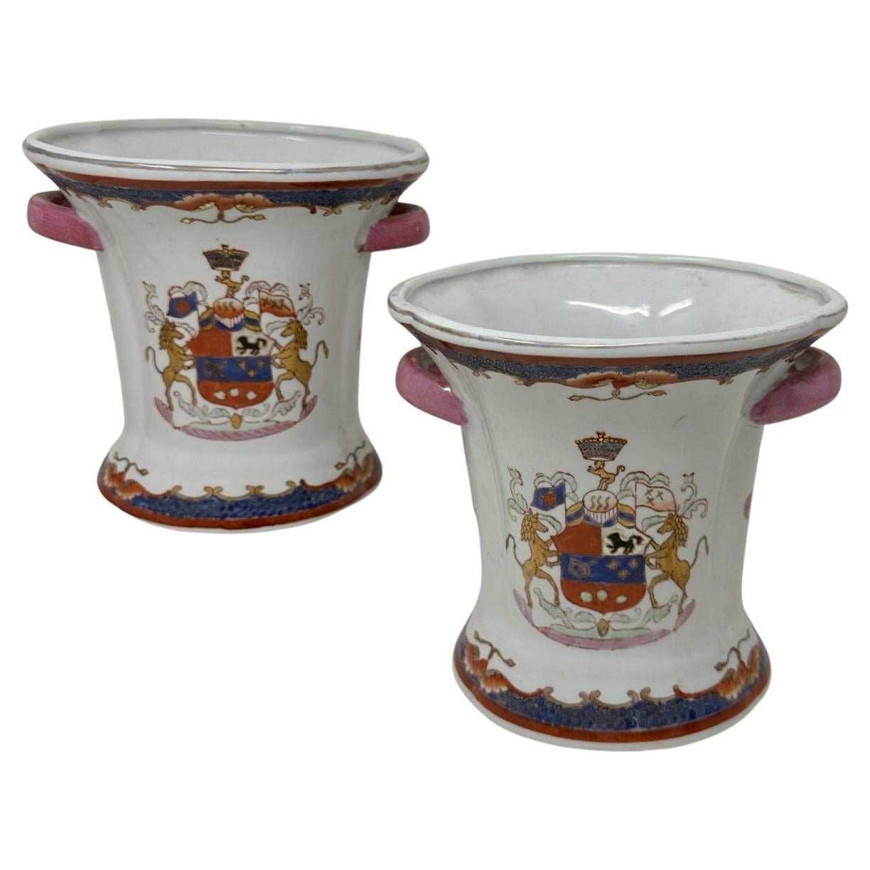 Antique Pair Asian Chinese Export Republic Porcelain Armorial Crest Urns Vases 