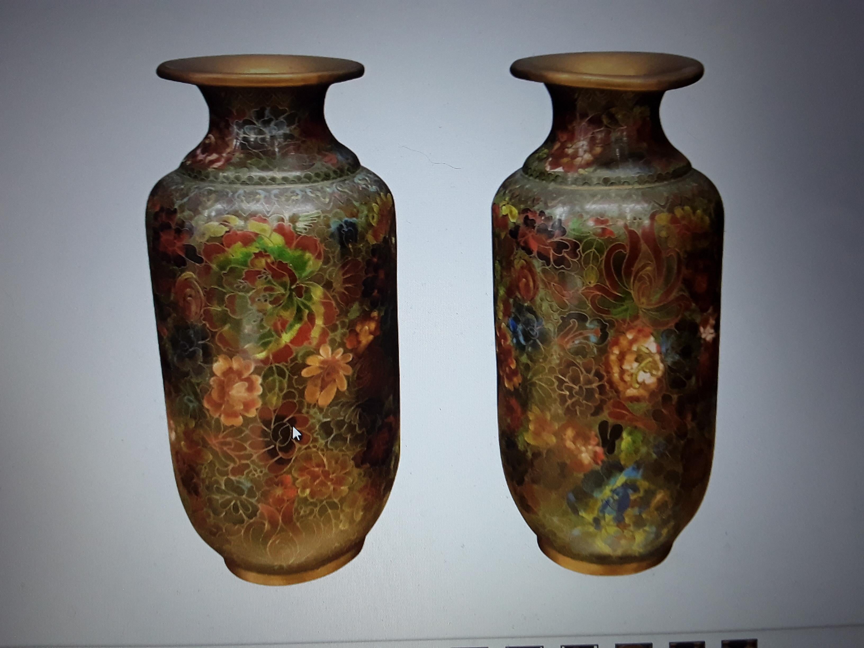 Antique Pair Asian Chinoiserie Cloissone Vase in Green Earth Tones For Sale 4