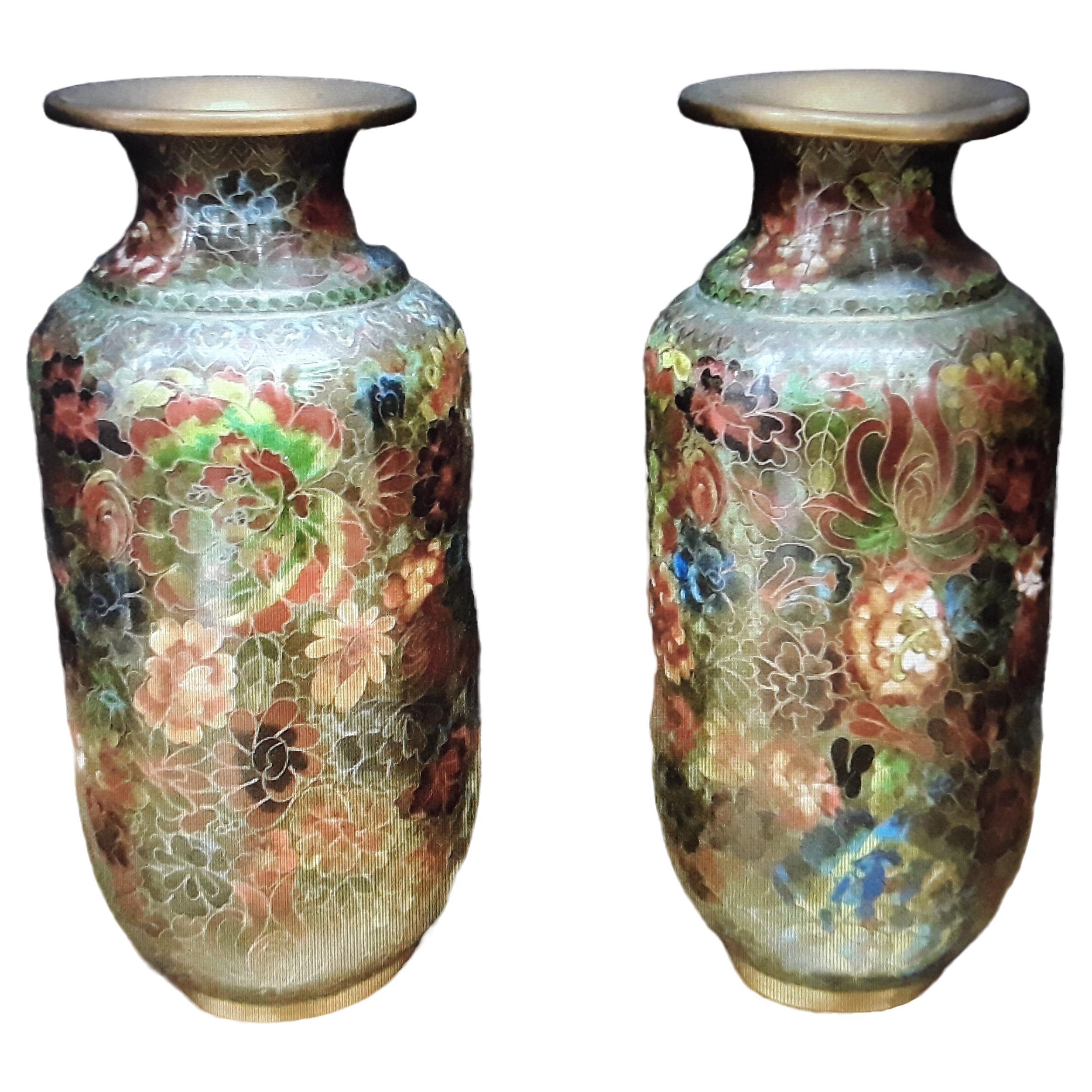 Antique Pair Asian Chinoiserie Cloissone Vase in Green Earth Tones For Sale