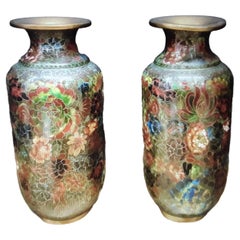 Antique Pair Asian Chinoiserie Cloissone Vase in Green Earth Tones