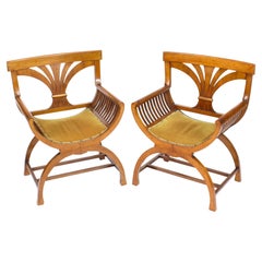 Antique Pair Austrian Biedermeier Walnut 'X' Frame Armchairs 19th Century