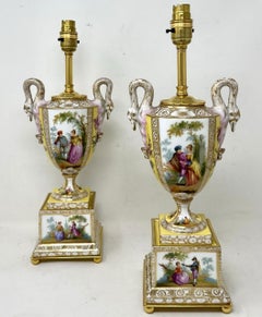 Antique Pair Austrian Royal Vienna Beehive Porcelain Gilt Mounted Table Lamps