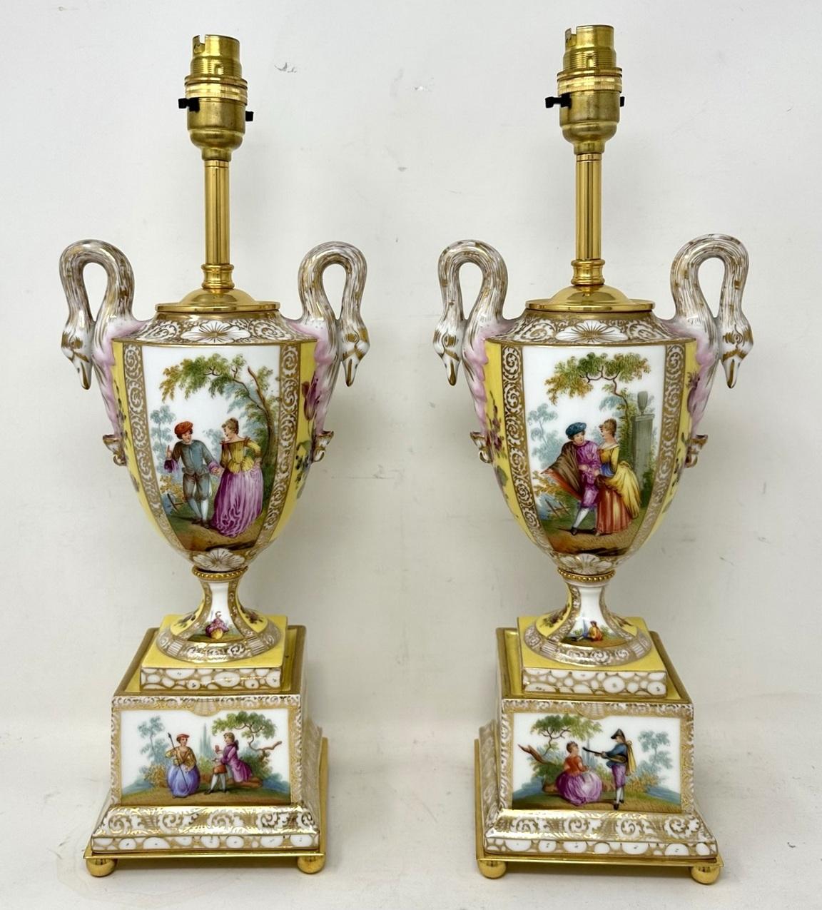Early Victorian Antique Pair Austrian Royal Vienna Beehive Porcelain Gilt Mounted Table Lamps For Sale