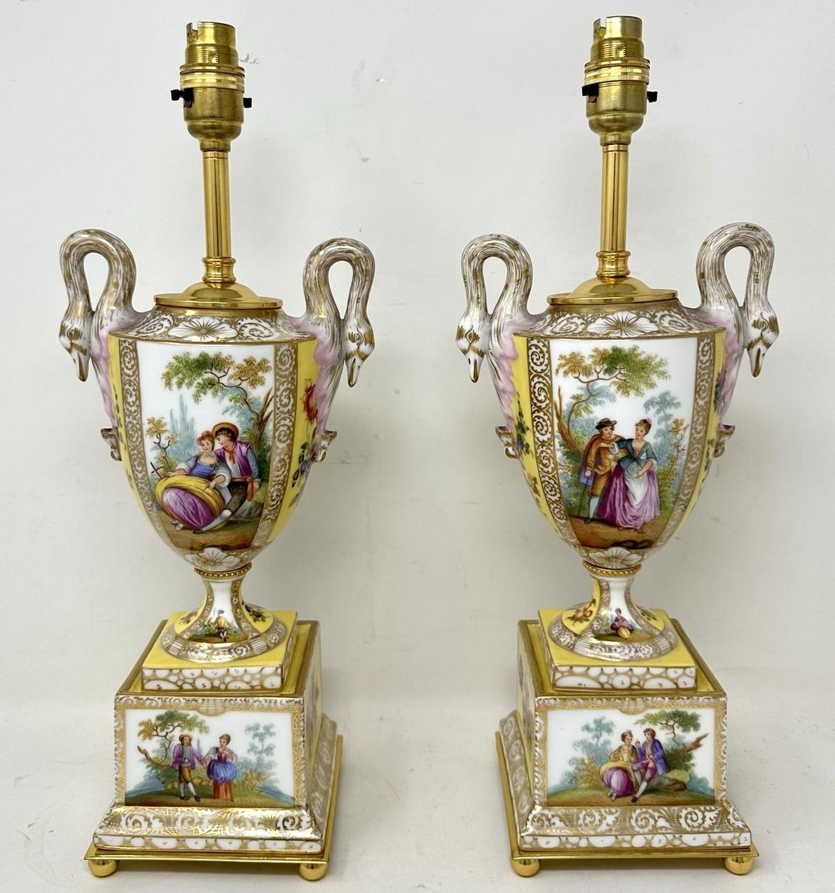 Antique Pair Austrian Royal Vienna Beehive Porcelain Gilt Mounted Table Lamps In Good Condition For Sale In Dublin, Ireland