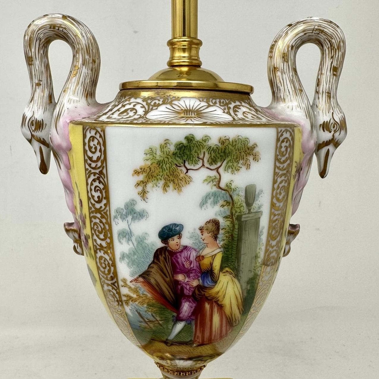 Antique Pair Austrian Royal Vienna Beehive Porcelain Gilt Mounted Table Lamps For Sale 1