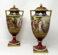 Antique Pair Austrian Royal Vienna Mythological Hand Painted Vases Urns A Heer
