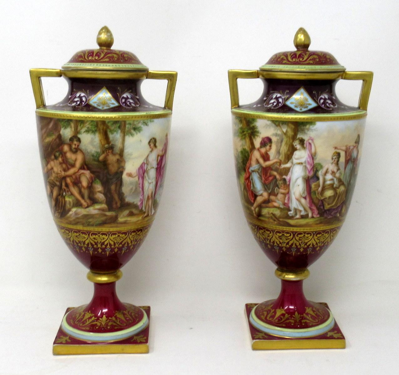 Early Victorian Antique Pair Austrian Royal Vienna Mythological Hand Painted Vases Urns A Heer