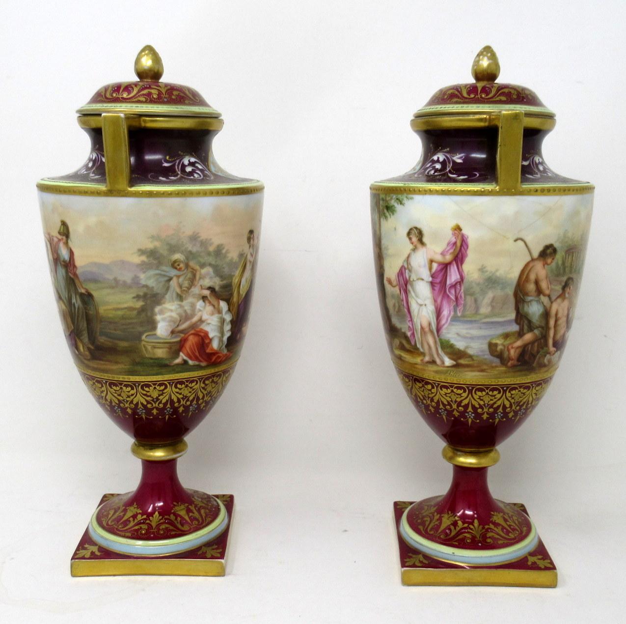 Hand-Painted Antique Pair Austrian Royal Vienna Mythological Hand Painted Vases Urns A Heer