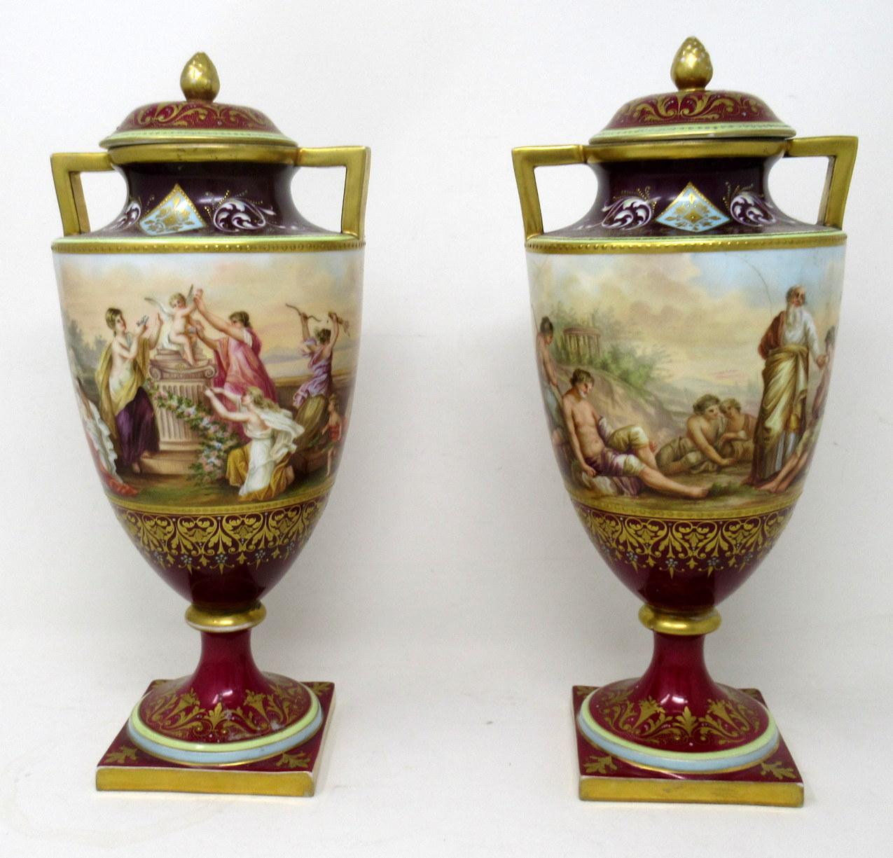Antique Pair Austrian Royal Vienna Mythological Hand Painted Vases Urns A Heer In Good Condition In Dublin, Ireland