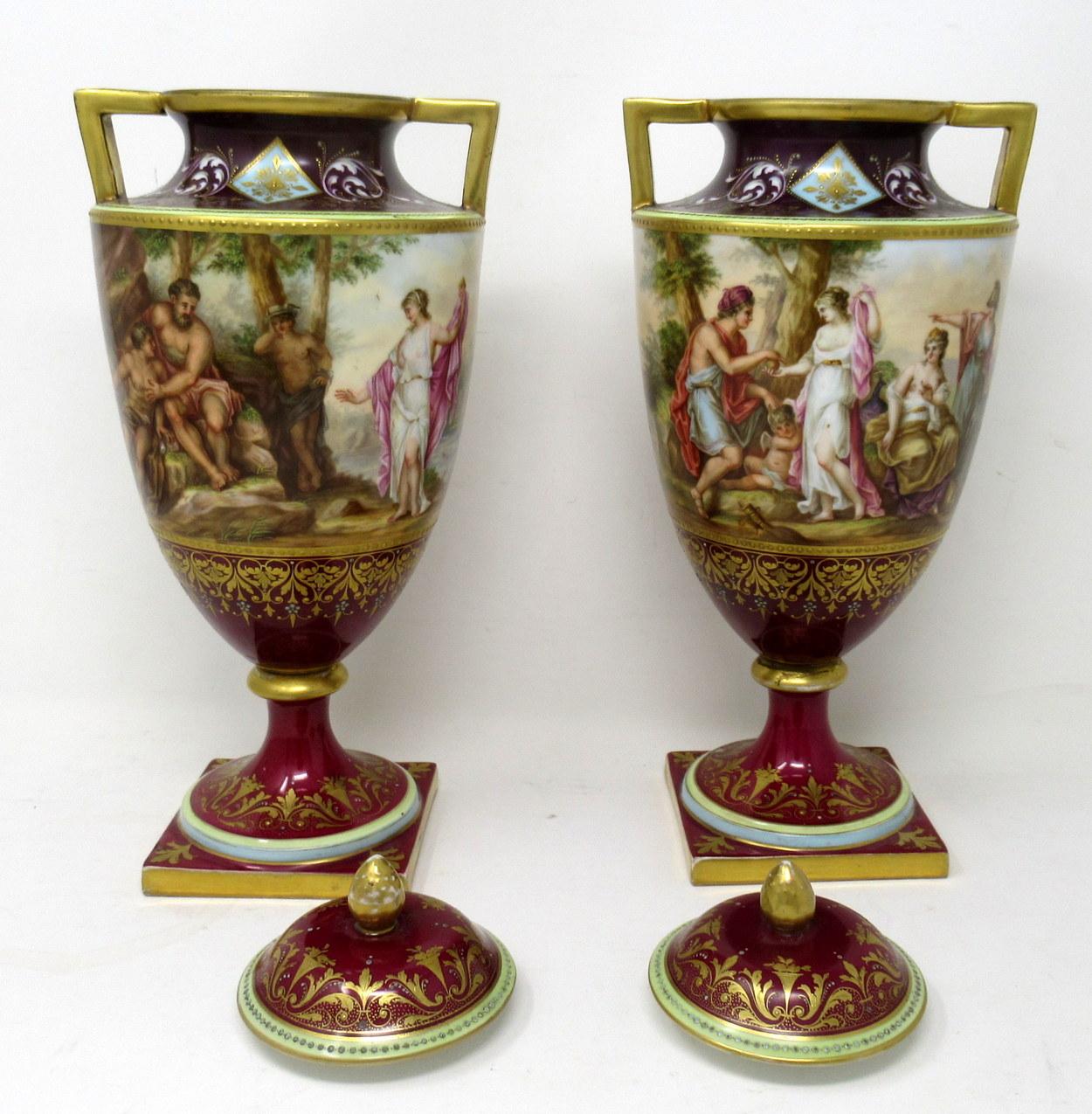 19th Century Antique Pair Austrian Royal Vienna Mythological Hand Painted Vases Urns A Heer