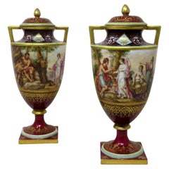 Antique Pair Austrian Royal Vienna Mythological Hand Painted Vases Urns A Heer