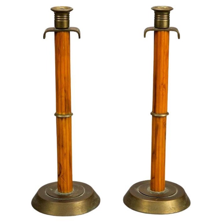 Antique Pair Bakelite and Brass Tall Candlesticks 20th C at 1stDibs