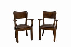 Antique Pair Beech Armchair Leather & Wood French, circa 1940