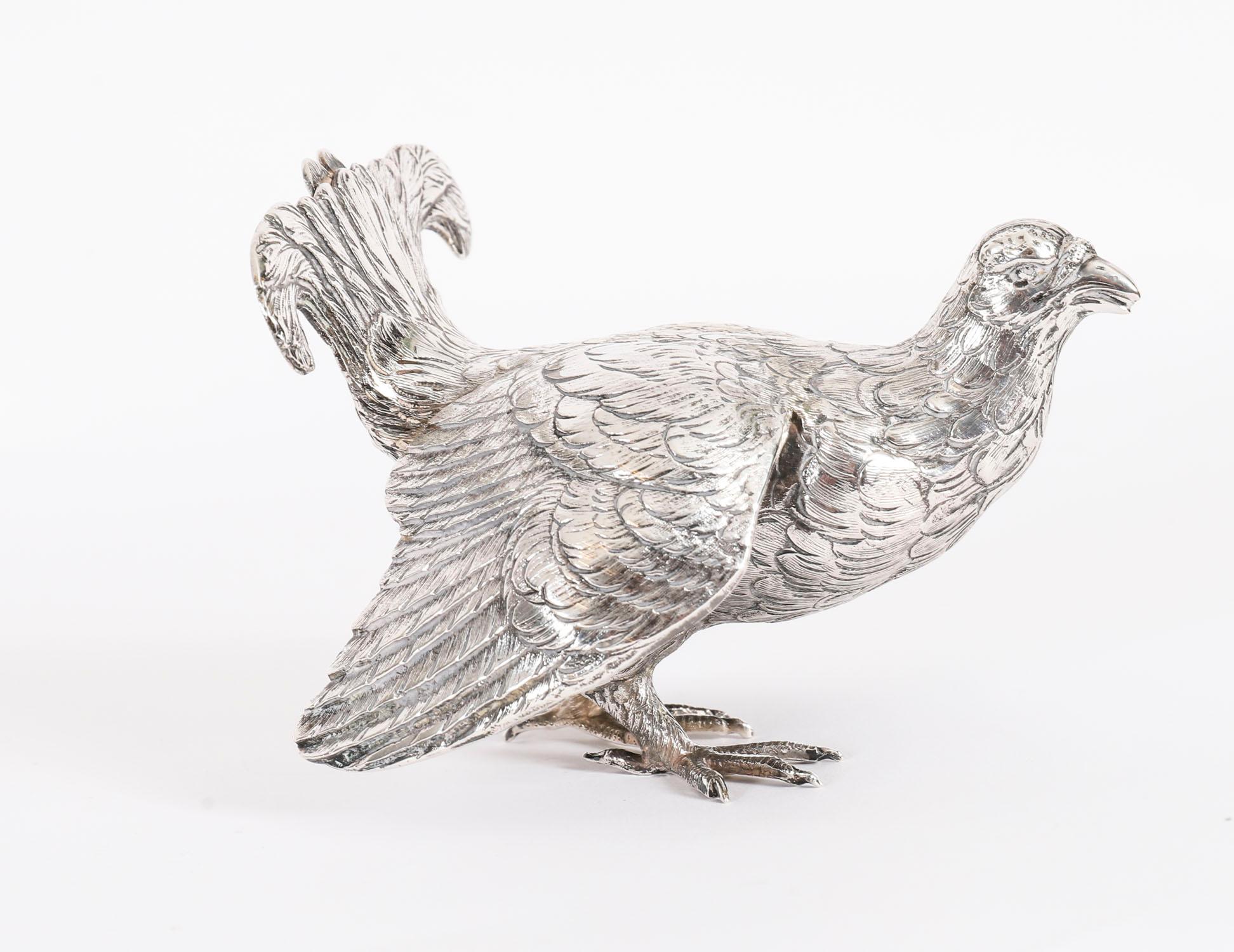 Antique Pair Belgian Silver Grouse Game Birds 19th Century For Sale 7