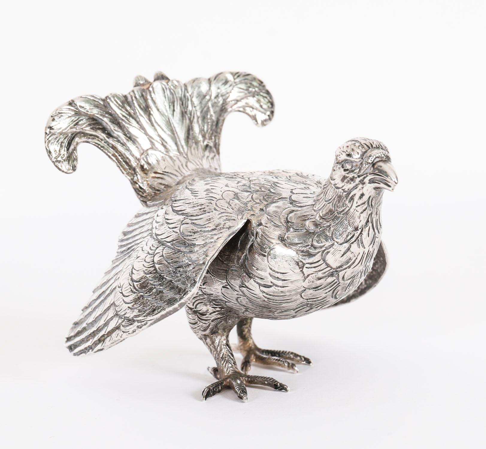Antique Pair Belgian Silver Grouse Game Birds 19th Century For Sale 9