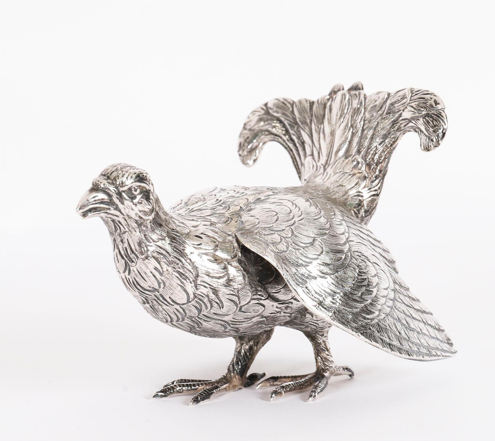 Antique Pair Belgian Silver Grouse Game Birds 19th Century For Sale 10