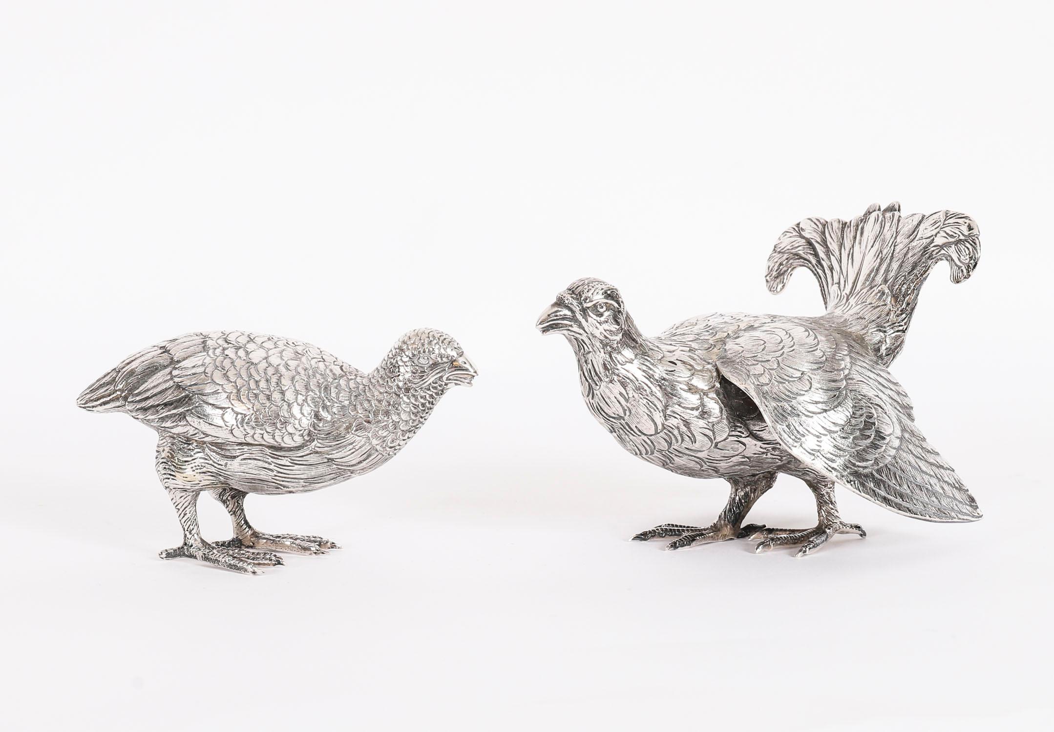 Antique Pair Belgian Silver Grouse Game Birds 19th Century For Sale 13