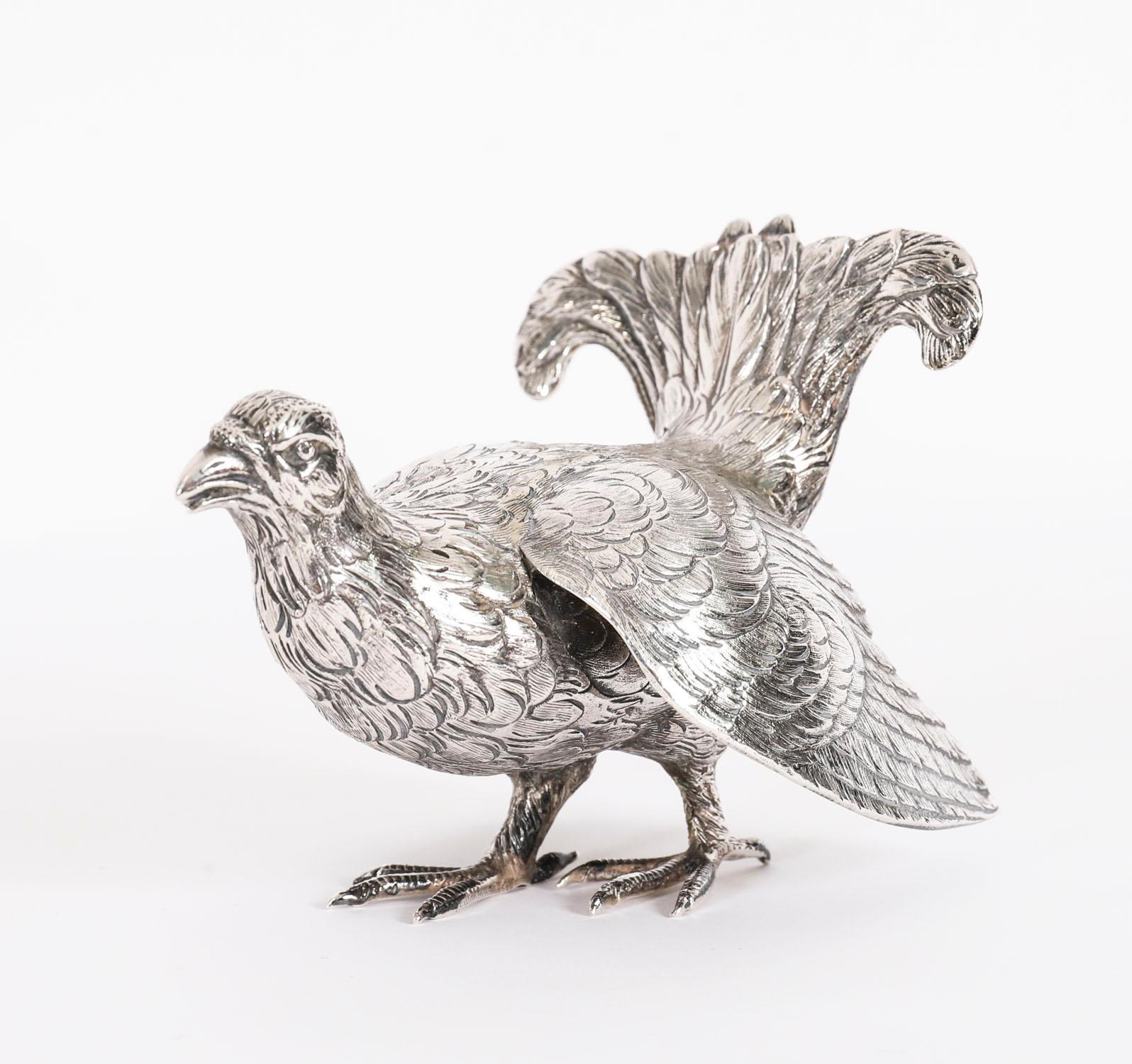 Antique Pair Belgian Silver Grouse Game Birds 19th Century In Good Condition For Sale In London, GB