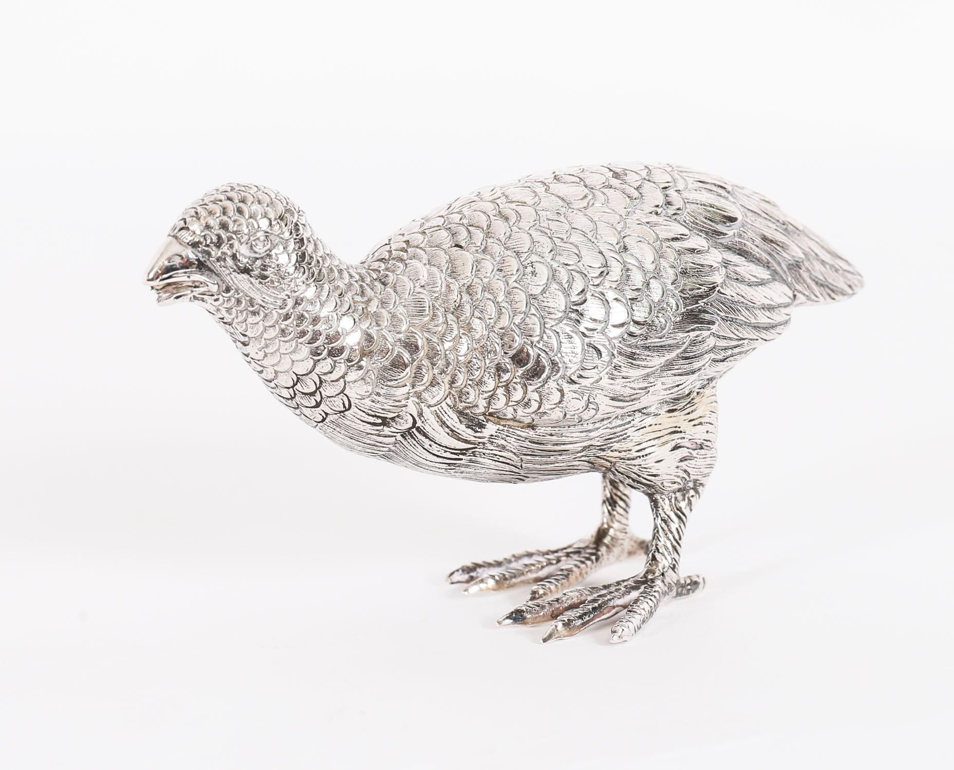 Antique Pair Belgian Silver Grouse Game Birds 19th Century For Sale 4