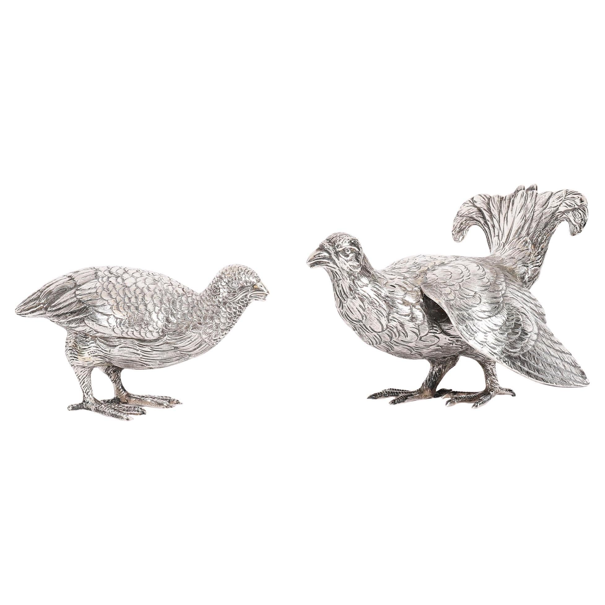 Antique Pair Belgian Silver Grouse Game Birds 19th Century