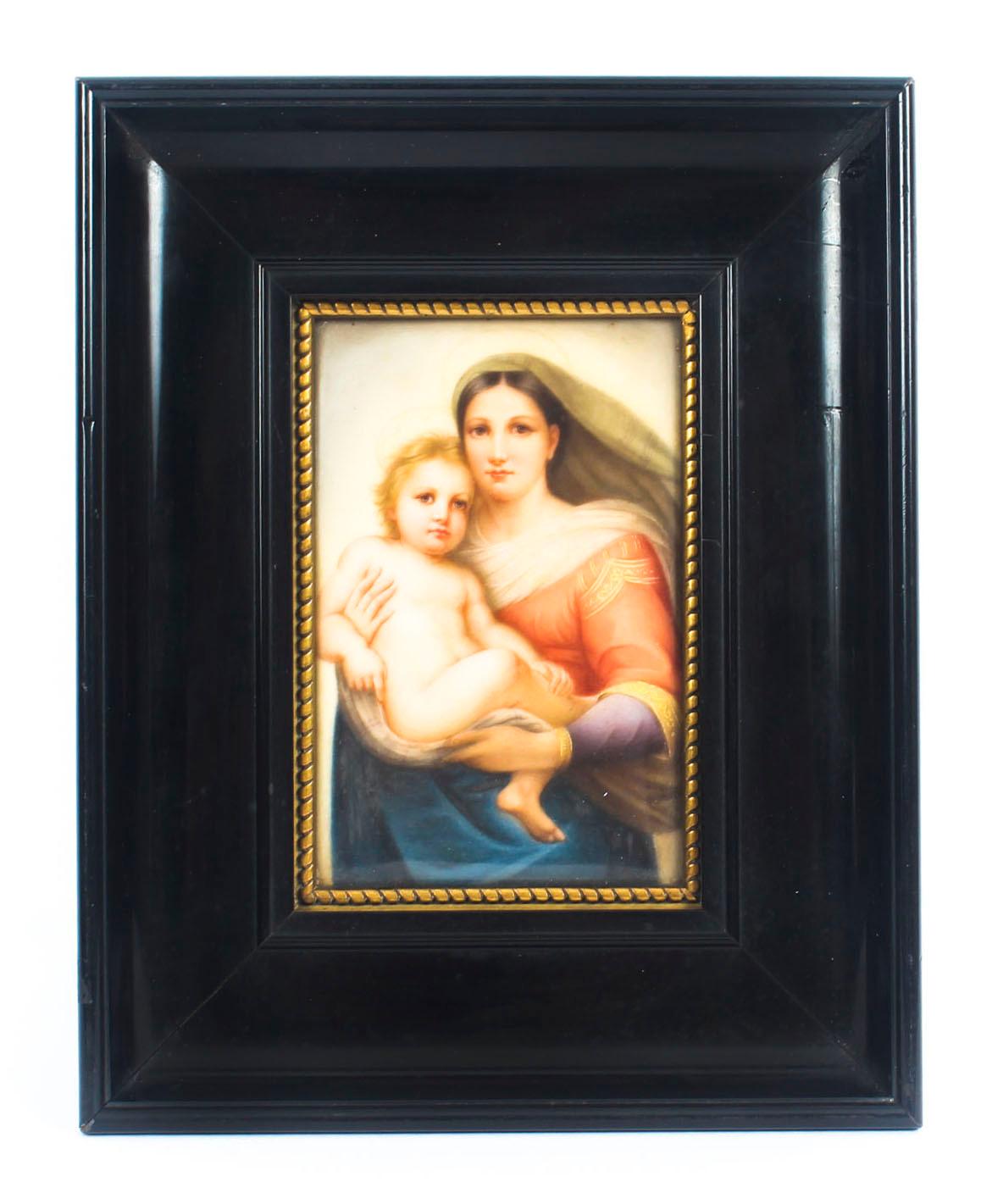 This is a finely painted pair of beautiful KPM Berlin plaques by Raphael Santi and J. Hofman and, circa 1885 in date

One plaque depicts the Sistine Madonna and Child and the other Jesus in the garden of Gethsemane, each titled on the reverse and