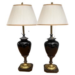 Antique Pair Black Opaline Neoclassical Table Lamps.