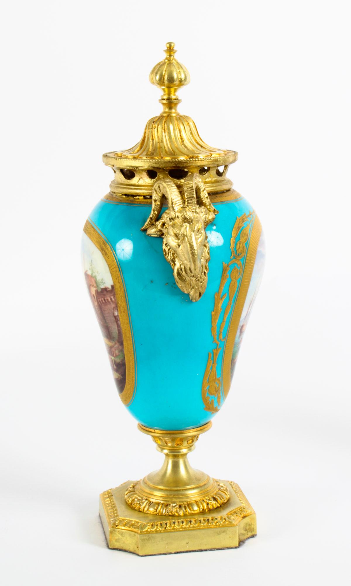 Antique Bleu Celeste Sèvres Porcelain Gilt Bronze Lidded Urns 19th Century, Pair 6
