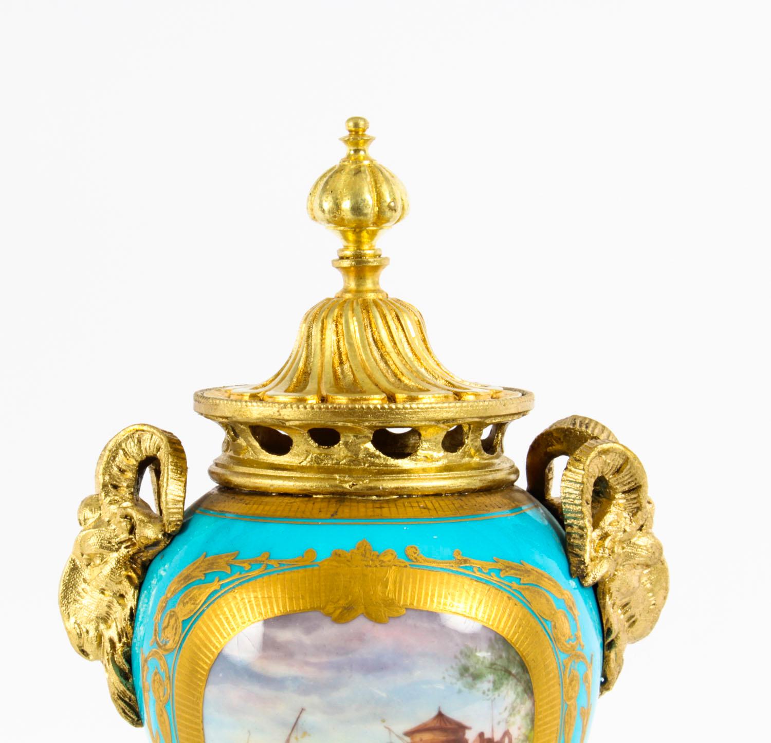 Antique Bleu Celeste Sèvres Porcelain Gilt Bronze Lidded Urns 19th Century, Pair 8