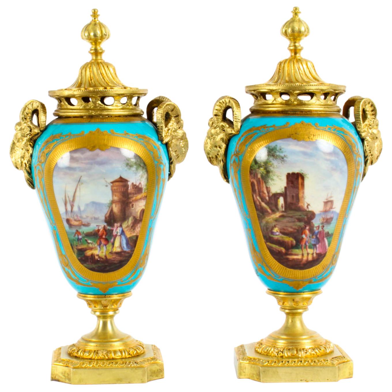 Antique Bleu Celeste Sèvres Porcelain Gilt Bronze Lidded Urns 19th Century, Pair