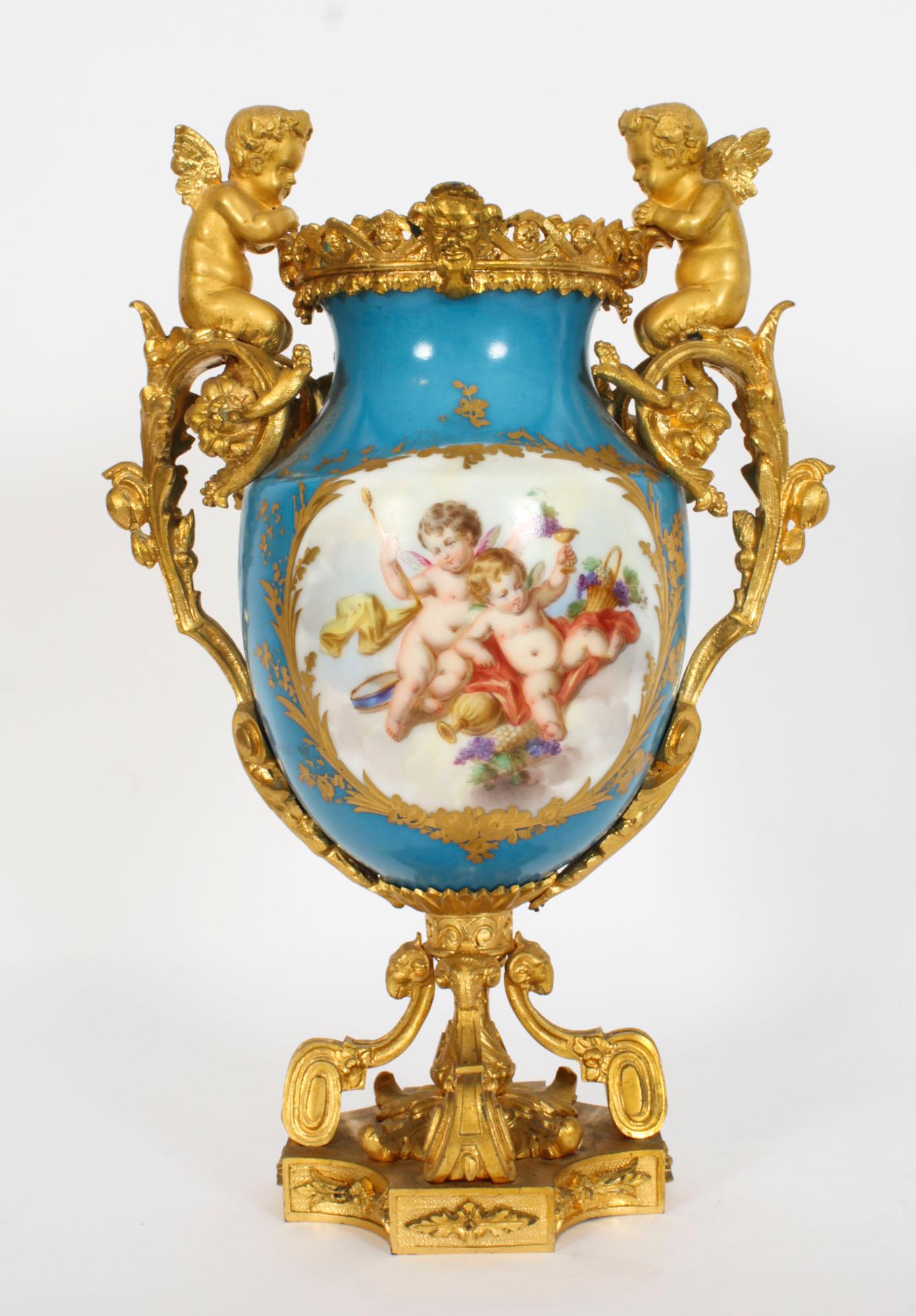 Antique Pair Bleu Celeste Sevres Porcelain Gilt Bronze Urns 19th Century 5
