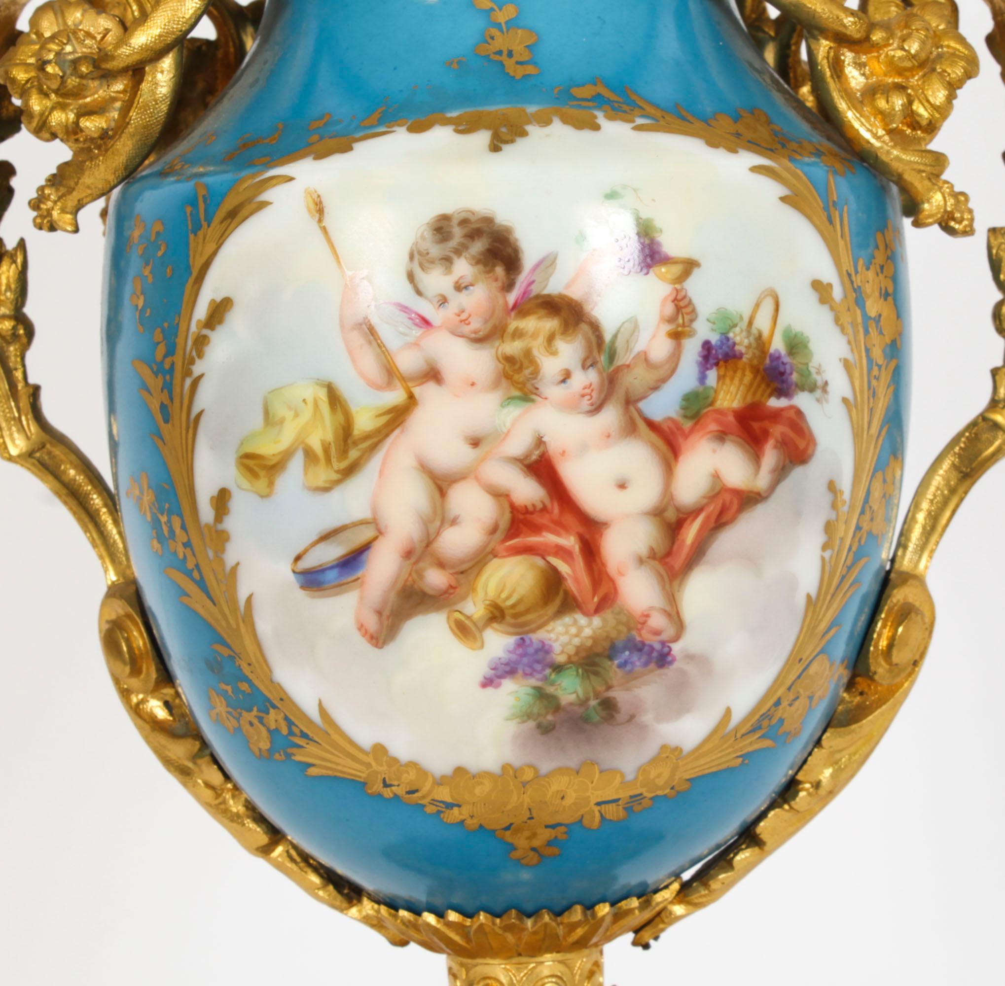 Antique Pair Bleu Celeste Sevres Porcelain Gilt Bronze Urns 19th Century 6