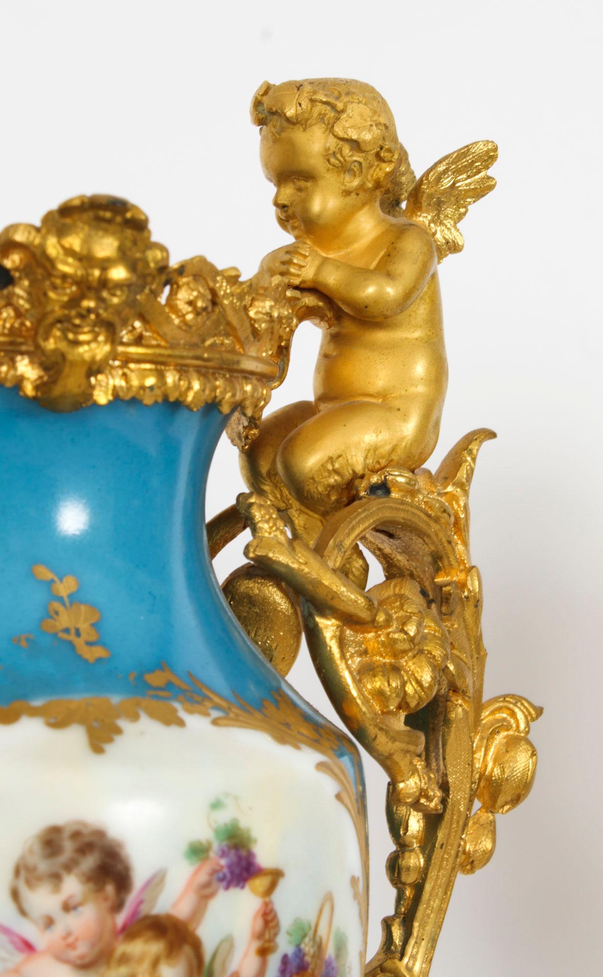 Antique Pair Bleu Celeste Sevres Porcelain Gilt Bronze Urns 19th Century 7