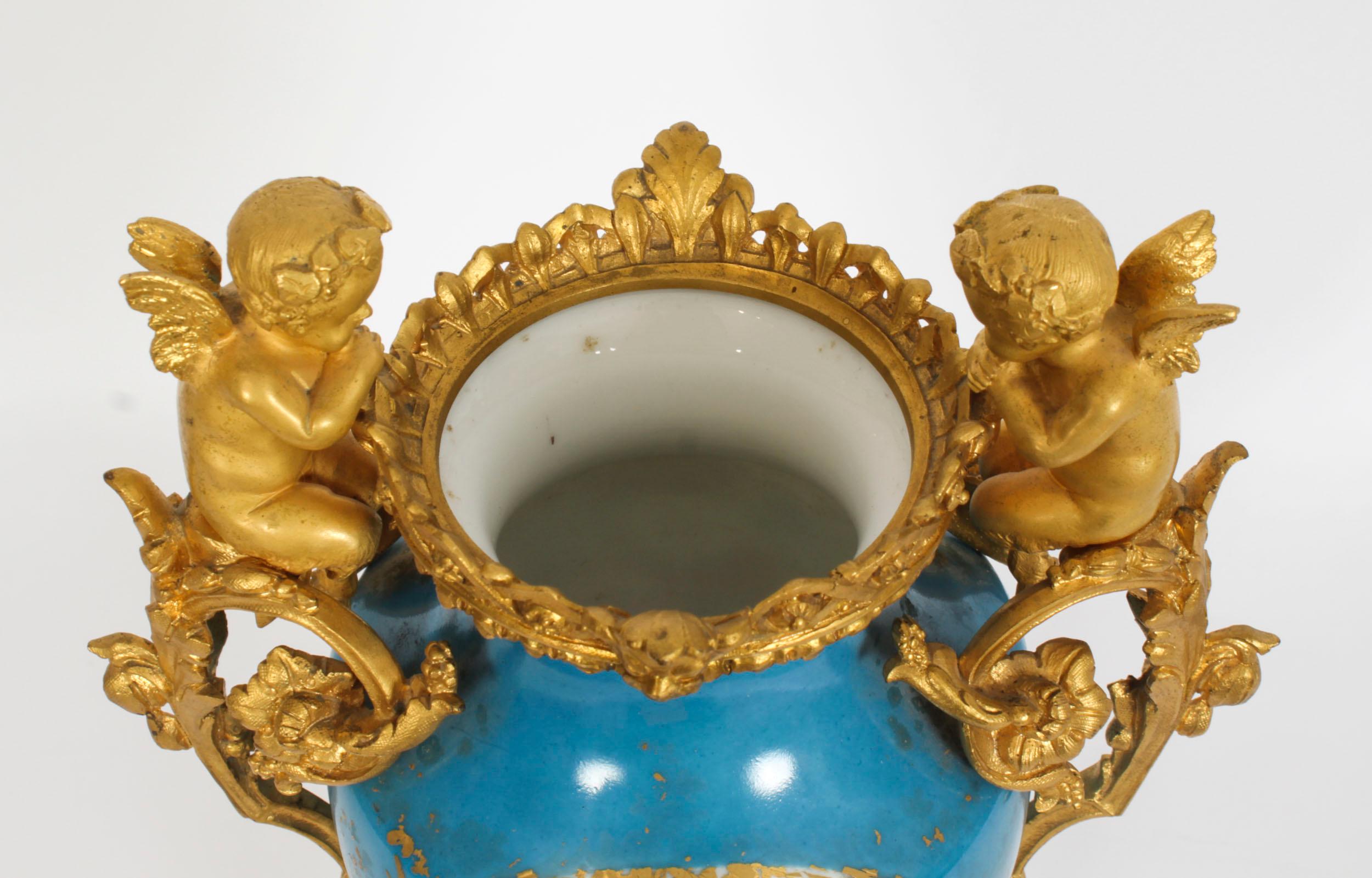 Antique Pair Bleu Celeste Sevres Porcelain Gilt Bronze Urns 19th Century 8