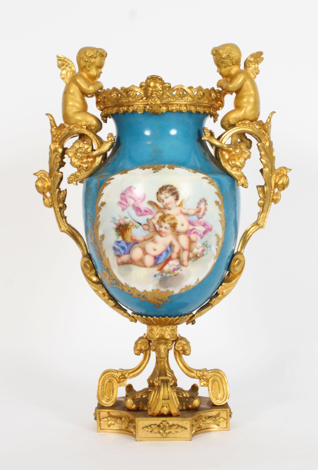 Antique Pair Bleu Celeste Sevres Porcelain Gilt Bronze Urns 19th Century 9