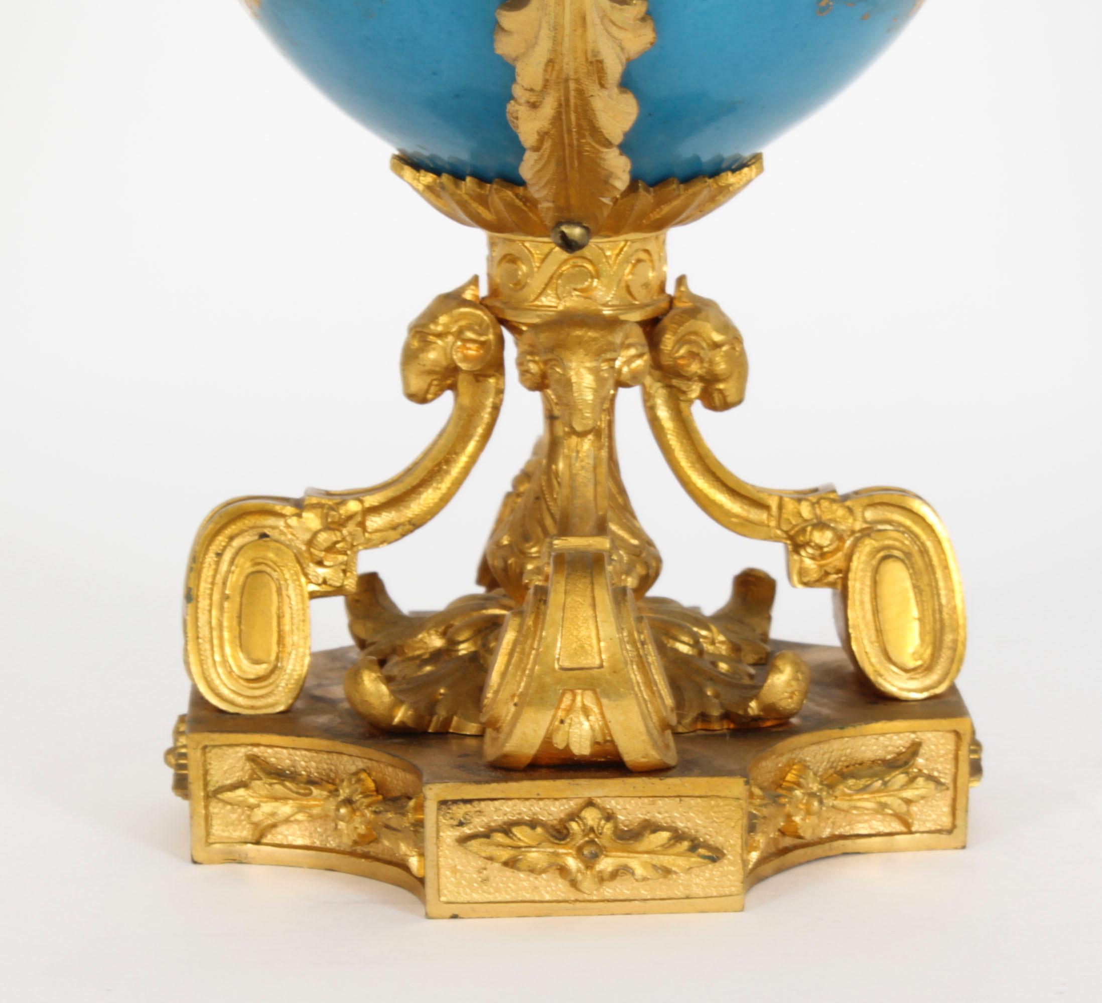 Antique Pair Bleu Celeste Sevres Porcelain Gilt Bronze Urns 19th Century 10