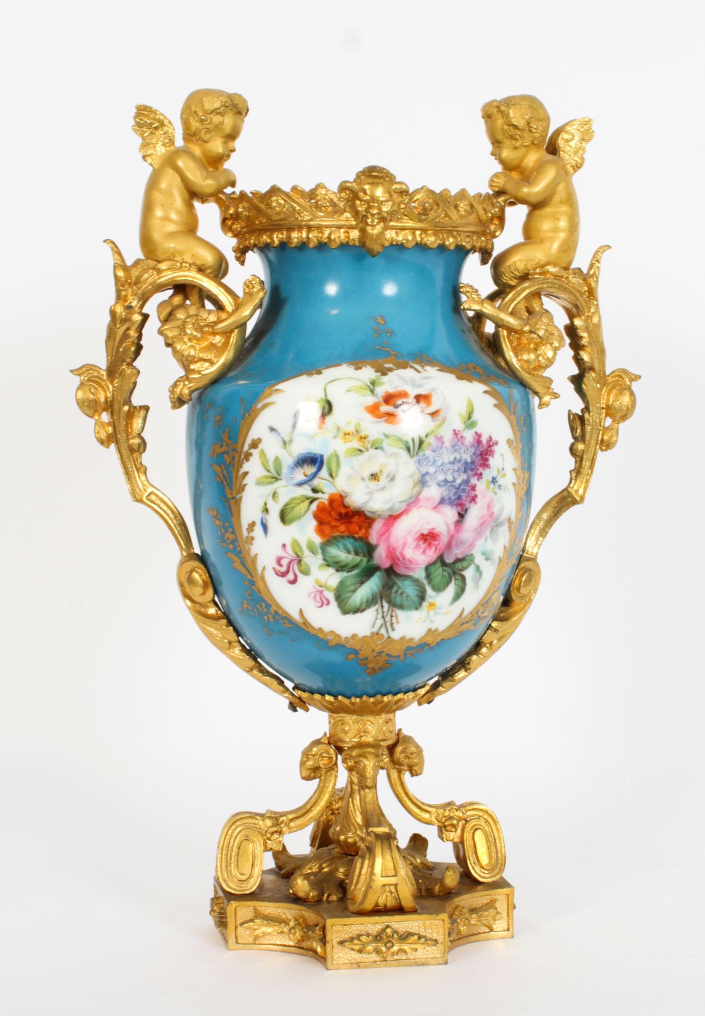 Antique Pair Bleu Celeste Sevres Porcelain Gilt Bronze Urns 19th Century 11