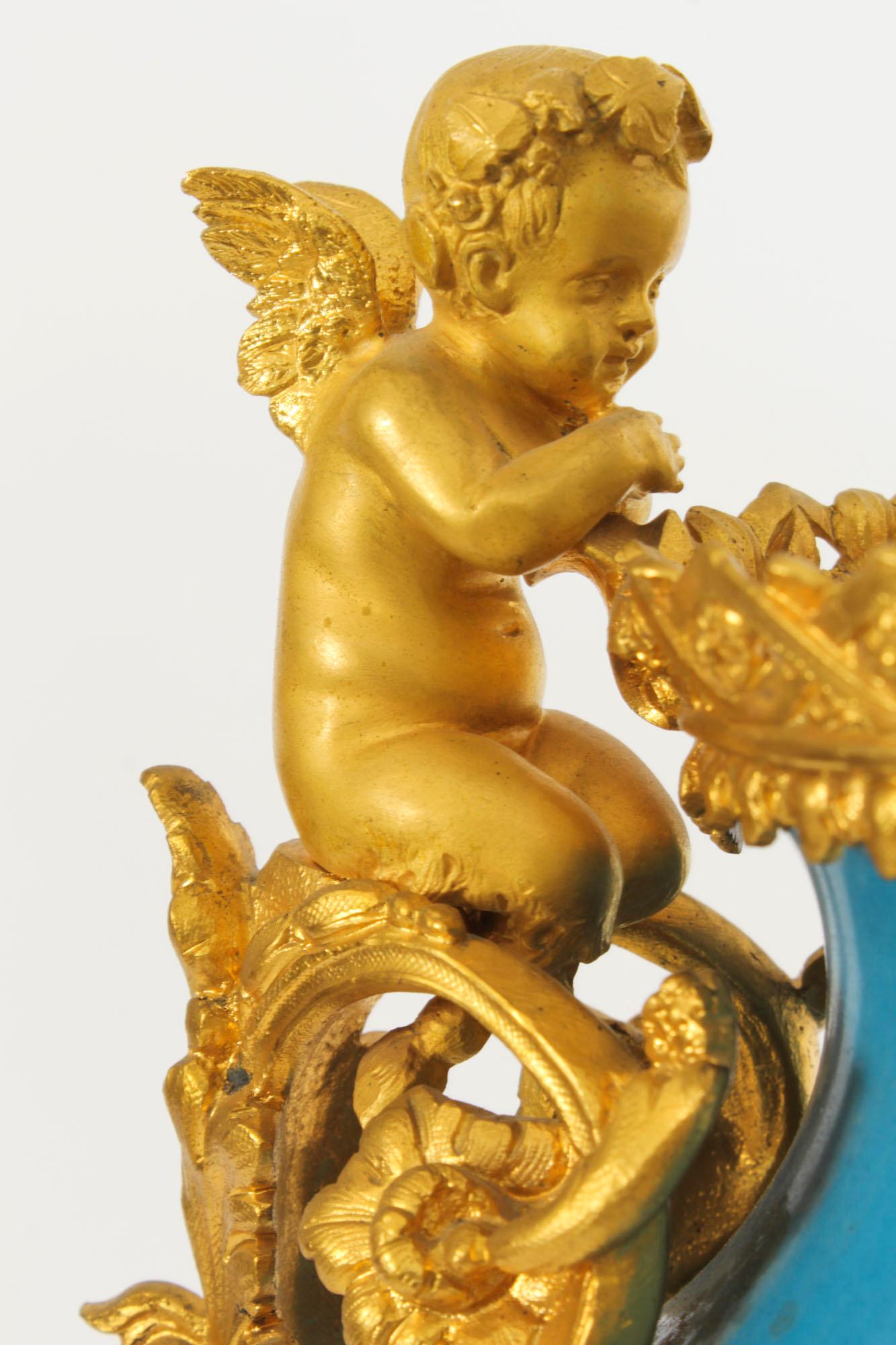 Antique Pair Bleu Celeste Sevres Porcelain Gilt Bronze Urns 19th Century 13