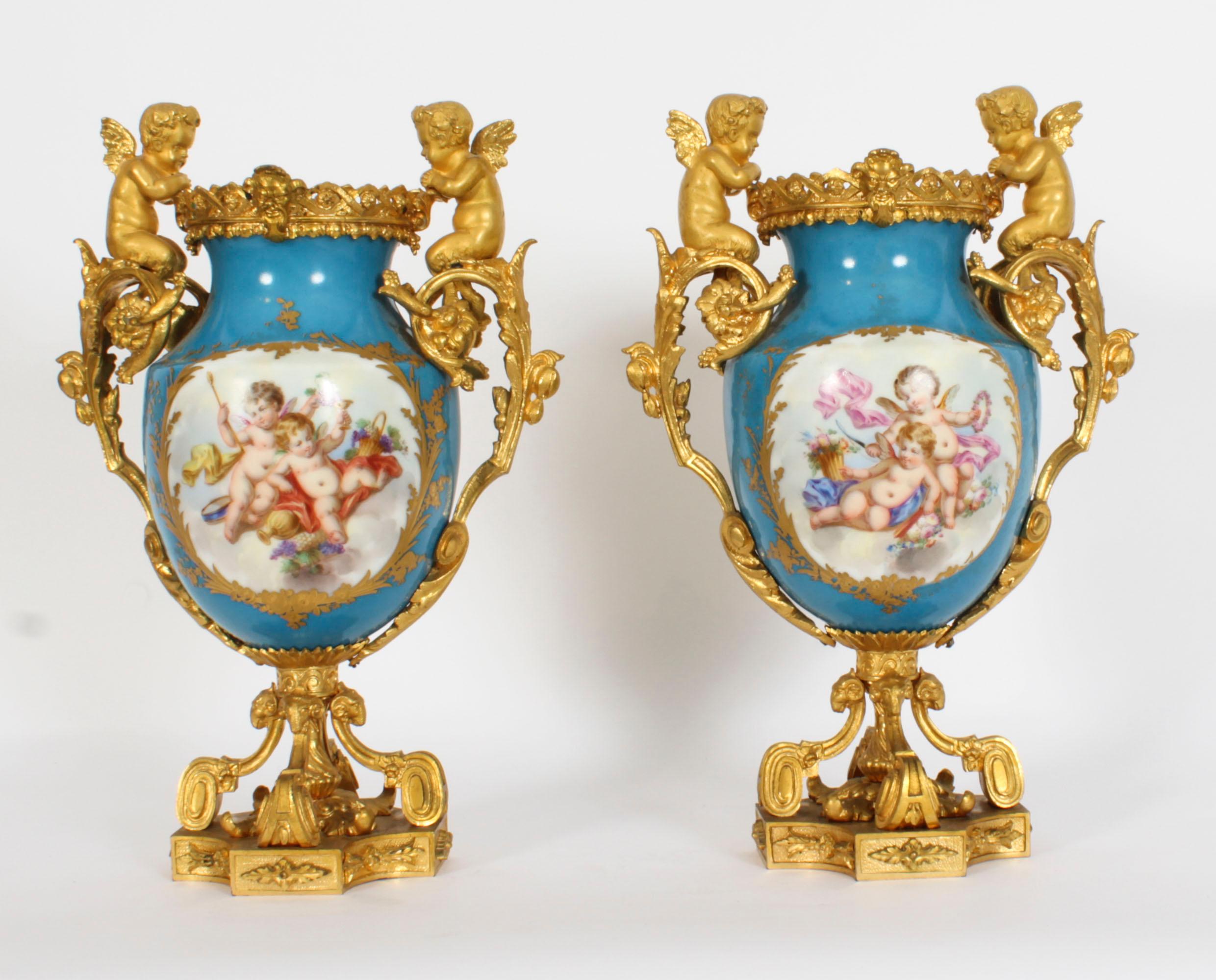 Antique Pair Bleu Celeste Sevres Porcelain Gilt Bronze Urns 19th Century 15