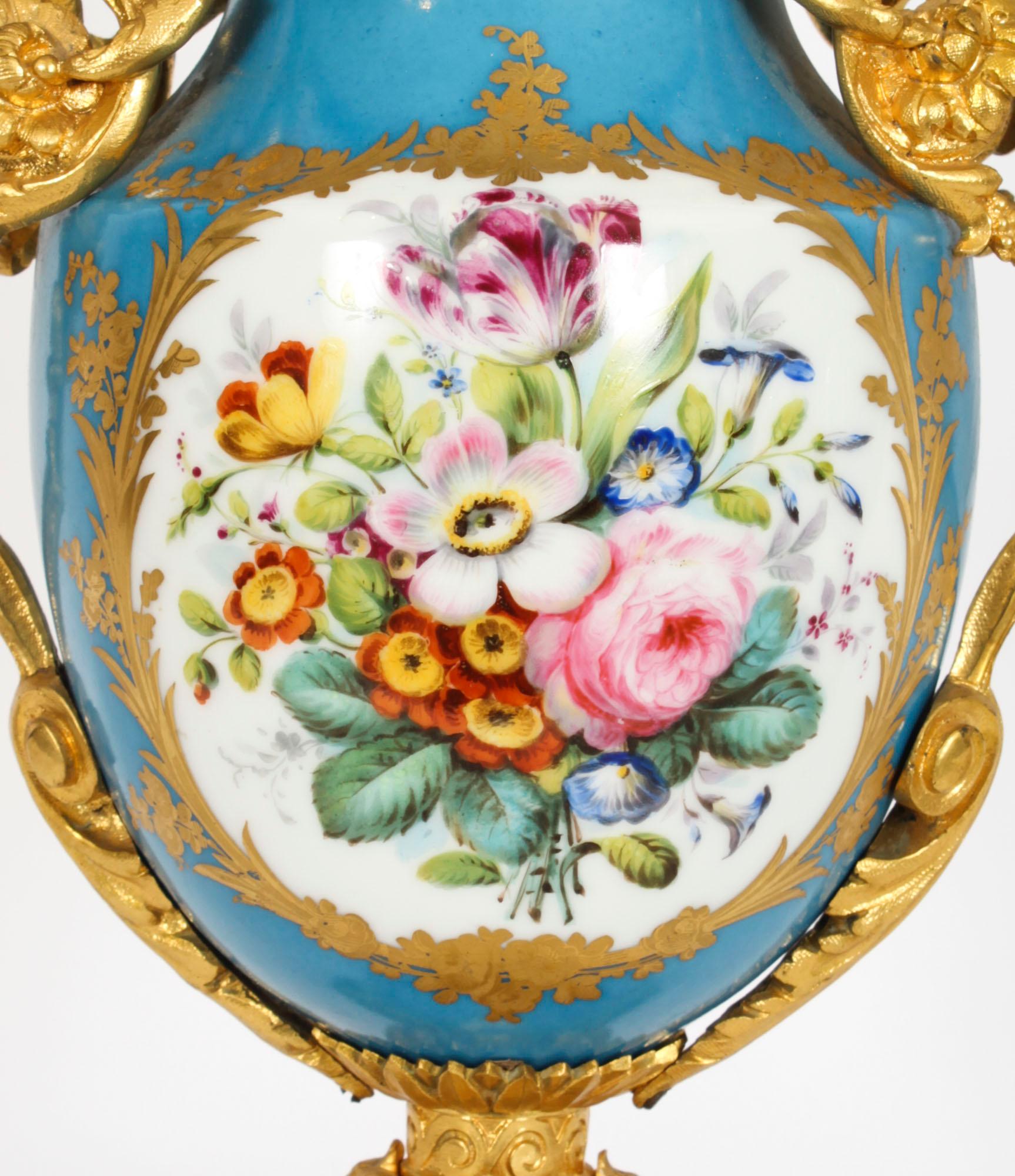 French Antique Pair Bleu Celeste Sevres Porcelain Gilt Bronze Urns 19th Century