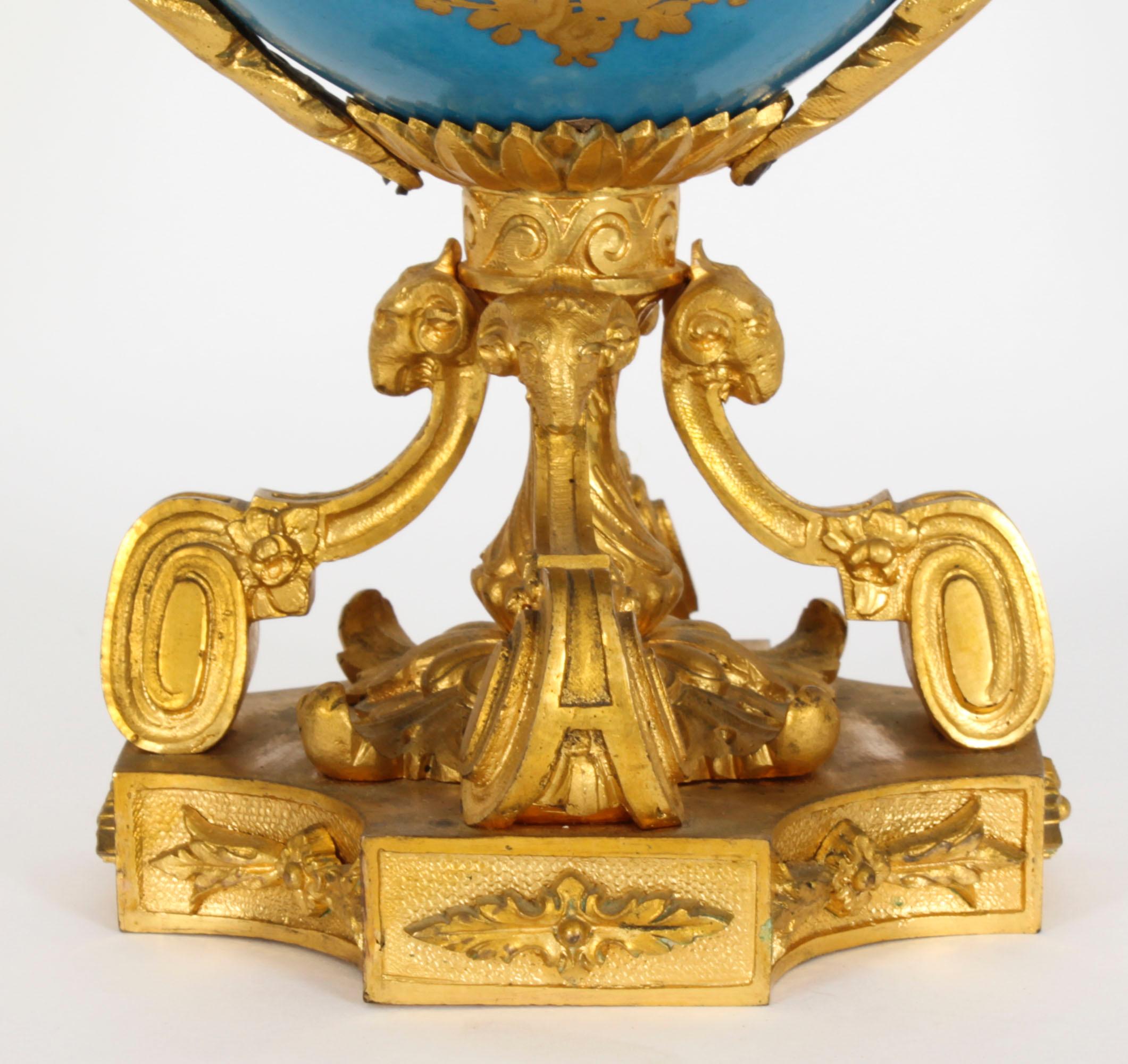 Antique Pair Bleu Celeste Sevres Porcelain Gilt Bronze Urns 19th Century In Good Condition In London, GB