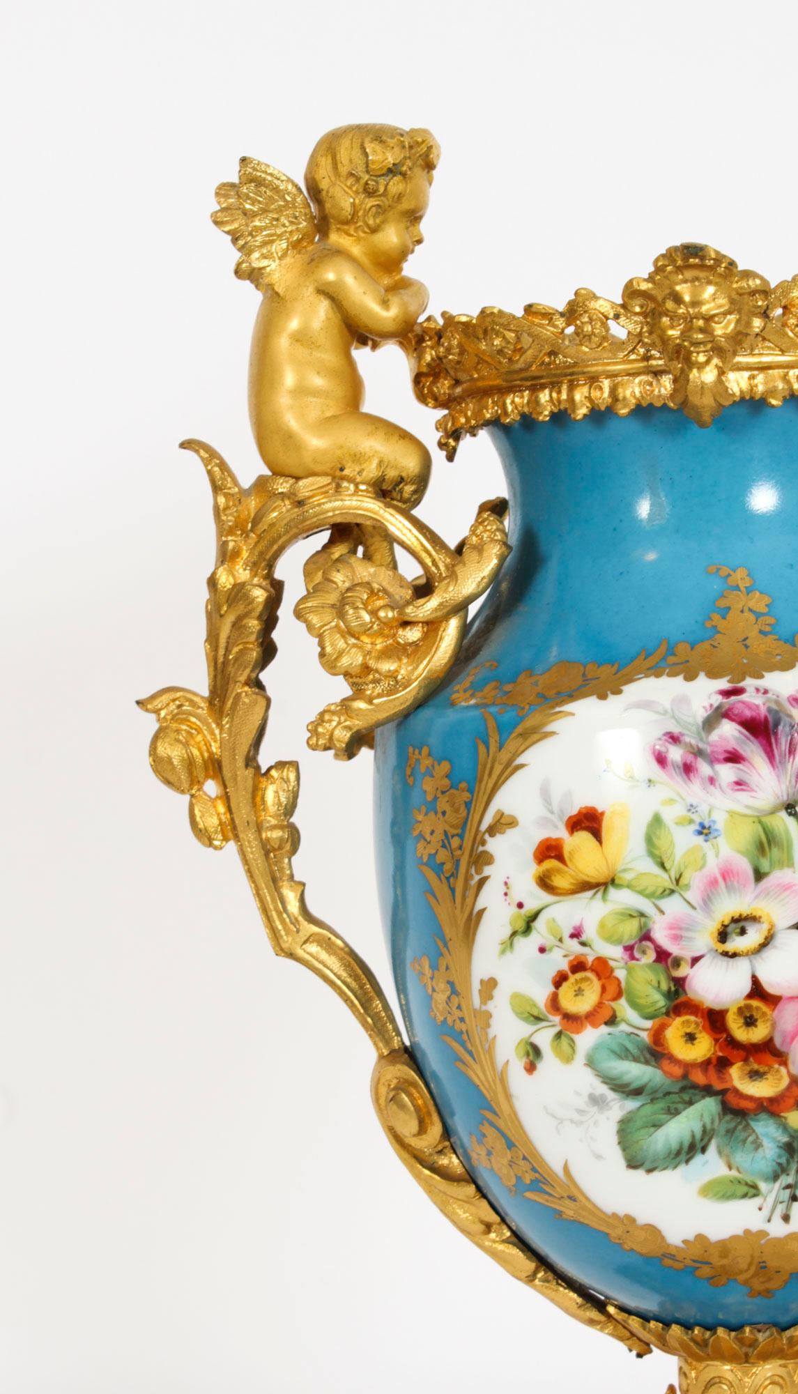 Late 19th Century Antique Pair Bleu Celeste Sevres Porcelain Gilt Bronze Urns 19th Century