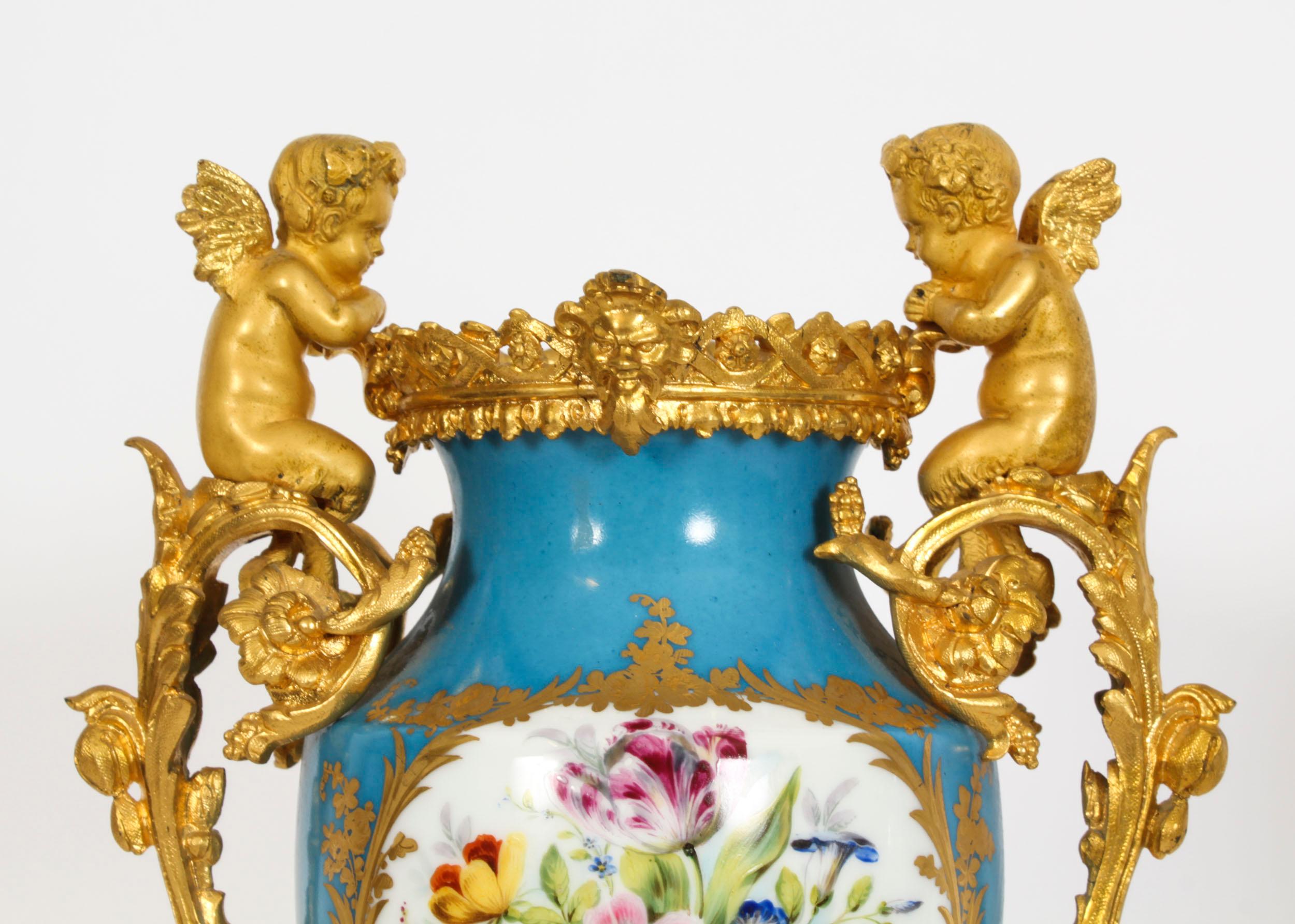 Antique Pair Bleu Celeste Sevres Porcelain Gilt Bronze Urns 19th Century 1
