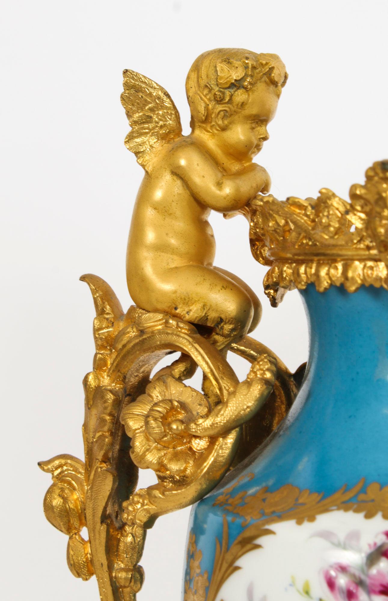 Antique Pair Bleu Celeste Sevres Porcelain Gilt Bronze Urns 19th Century 2